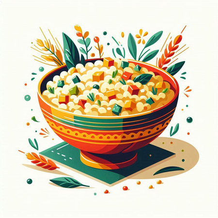 Vector illustration of a bowl of couscous with rice and vegetablesのイラスト素材