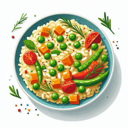 Risotto with green peas, carrots, tomatoes and herbs. Vector illustrationのイラスト素材