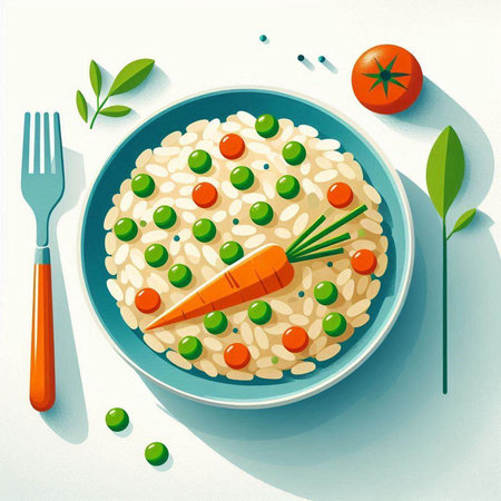 Risotto with green peas, tomatoes and carrots. Vector illustration.のイラスト素材