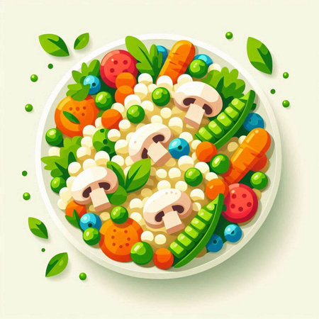 Vegetable salad with mushrooms, carrots, peas, beans and tomatoes. Vector illustration.のイラスト素材