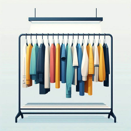 Clothes rack with different shirts on hangers. Vector illustration.のイラスト素材