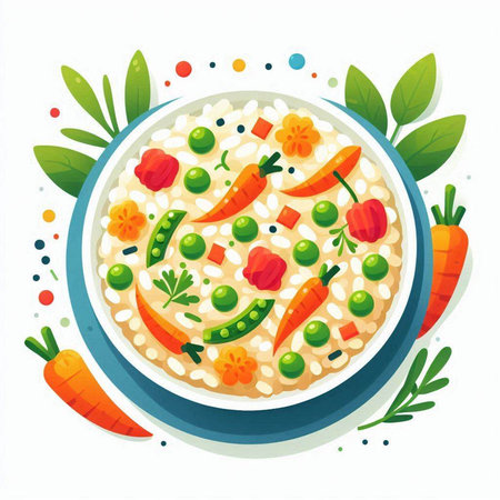 Rice porridge with carrots and peas in a bowl. Vector illustration.のイラスト素材