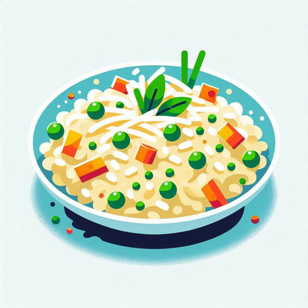 Illustration of a bowl of noodles with green peas and carrots.のイラスト素材