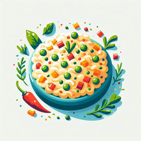 Risotto with green peas, carrots and peppers. Vector illustration.のイラスト素材
