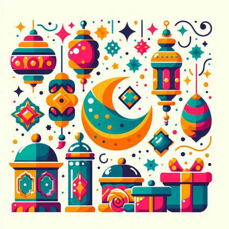 Ramadan Kareem greeting card with lanterns and gift boxes. Vector illustrationのイラスト素材