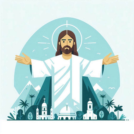 Jesus Christ on the background of the city. Vector illustration in flat styleのイラスト素材