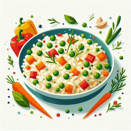 Risotto with green peas and carrots in a bowl. Vector illustration.のイラスト素材