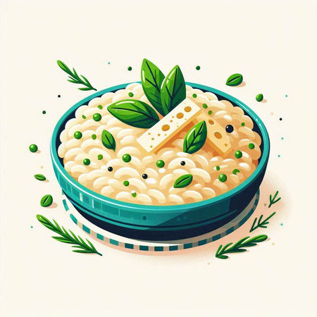 Risotto with cheese and herbs in a bowl. Vector illustration.のイラスト素材