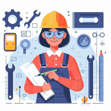 Engineer woman in helmet and overalls with construction tools. Vector illustrationのイラスト素材