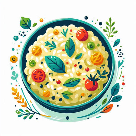 Risotto in a bowl with vegetables and herbs. Vector illustration.のイラスト素材