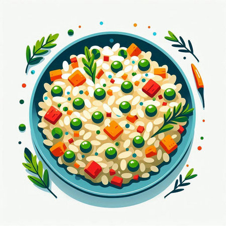 Risotto with green peas, carrots and olives. Vector illustration.のイラスト素材