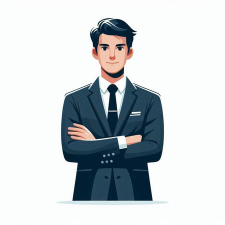 Businessman standing with crossed arms. Vector illustration in cartoon style.のイラスト素材