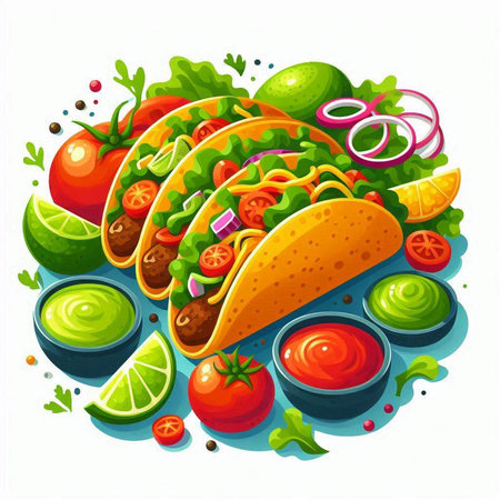 Mexican food vector illustration. Tacos, guacamole, tomato, onion, pepper, lime, onion, chili sauceのイラスト素材