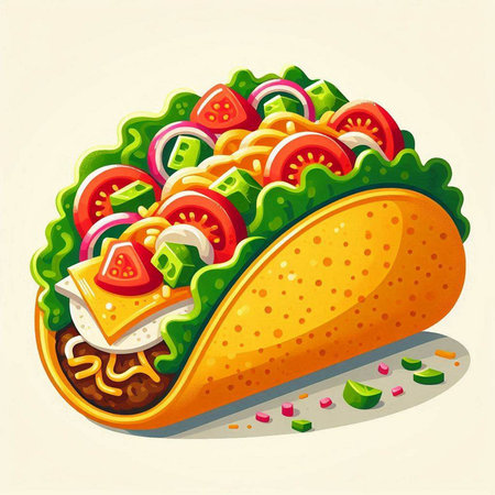 Taco with meat, tomato, onion and lettuce. Vector illustration.のイラスト素材