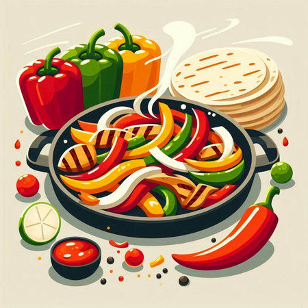 Frying pan with vegetables and flatbreads. Vector illustration.のイラスト素材
