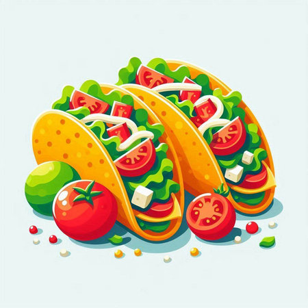 Tacos with tomato, cheese and lettuce. Vector illustration.のイラスト素材