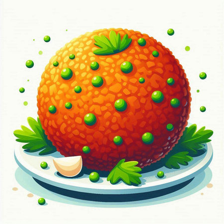 Illustration of a fresh orange with green peas on a white backgroundのイラスト素材