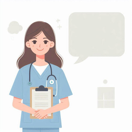 Young female nurse with speech bubble in her hand. Cute cartoon vector illustration.のイラスト素材