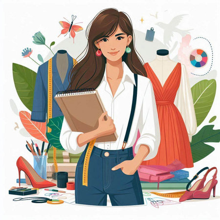Woman fashion designer with sketchbook in her hands. Vector illustration.のイラスト素材