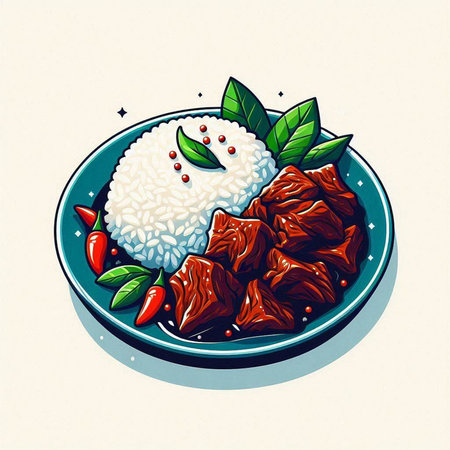 Rice with beef meat on a plate. Vector illustration in retro style.のイラスト素材