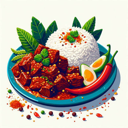 Rice with beef and vegetables on a plate. Vector illustration.のイラスト素材
