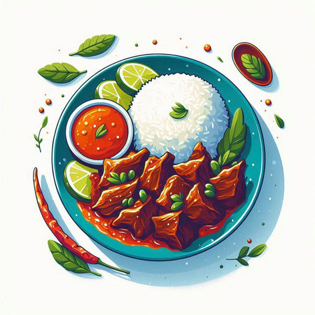 Steamed beef with rice. Vector illustration of a restaurant menu.のイラスト素材