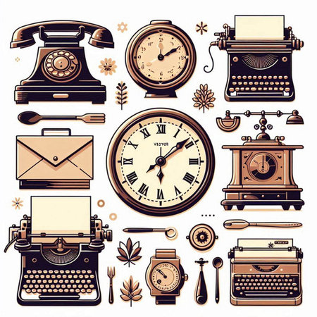 Vintage typewriter, clock and other vintage objects. Vector illustration.のイラスト素材