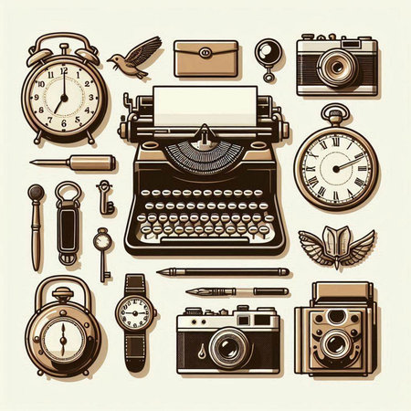 Vintage icons set with typewriter, camera and other items isolated vector illustrationのイラスト素材