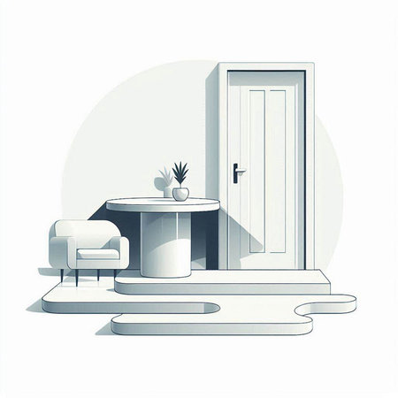 Interior of a modern living room with a white door and a tableのイラスト素材