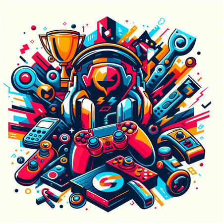 Cartoon vector illustration of Joystick, Gamepad, Joystick and Headphonesのイラスト素材
