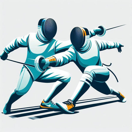 Fencing duel. Two young athletes wearing fencing suits. Vector illustration.のイラスト素材