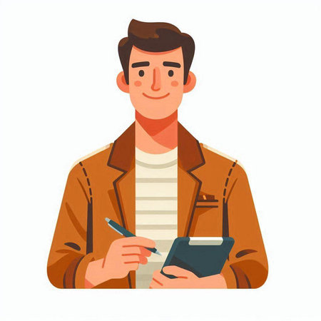 Young man with notebook and pen. Vector illustration in cartoon style.のイラスト素材