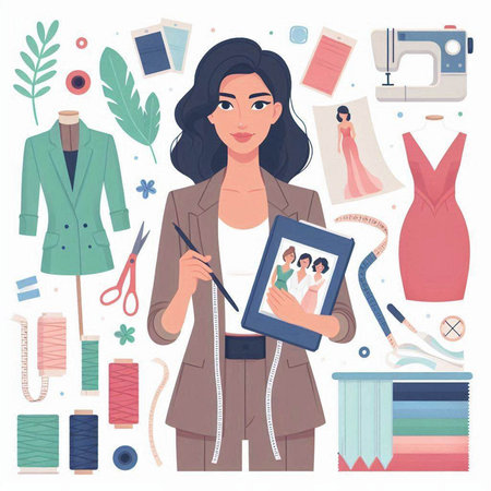 Vector illustration of fashion designer woman with sewing tools. Female fashion designer with sewing equipment.のイラスト素材