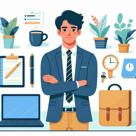 Vector illustration of a young businessman standing with crossed arms in office.のイラスト素材