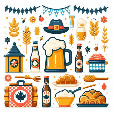 Oktoberfest flat icons set with beer and food isolated vector illustrationのイラスト素材