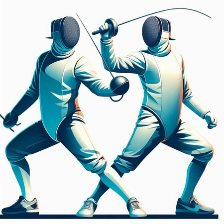 Fencing duel. Two men in fencing suits. Vector illustration.のイラスト素材