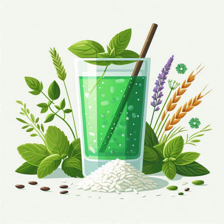 Vector illustration of a glass of green smoothie with mint, basil, seeds and grainsのイラスト素材