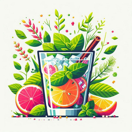 Cocktail with lime, orange and mint. Vector illustration.のイラスト素材