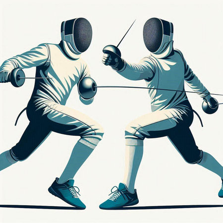 Fencing players in action. Illustration in retro style, vector.のイラスト素材