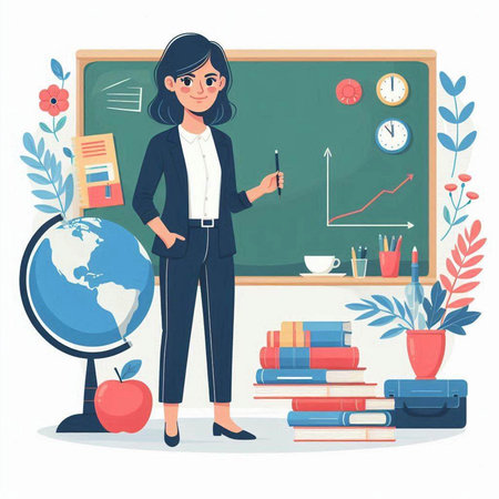 Female teacher standing near blackboard in classroom. Back to school. Vector illustrationのイラスト素材
