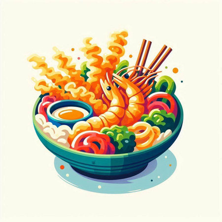Illustration of Shrimps in bowl with sauce and chopsticksのイラスト素材