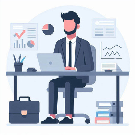 Businessman sitting at the desk and working on laptop. Vector illustrationのイラスト素材