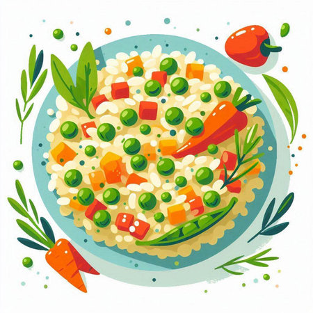 Risotto with green peas and carrots. Vector illustration in flat styleのイラスト素材