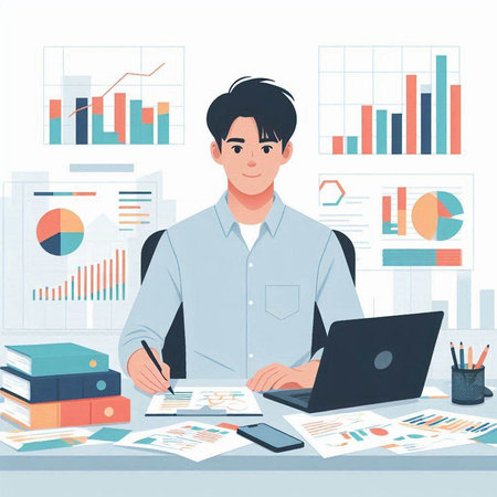 Businessman working on laptop at office desk. Young man in casual clothes sitting at workplace and working with documents. Vector illustration in flat styleのイラスト素材