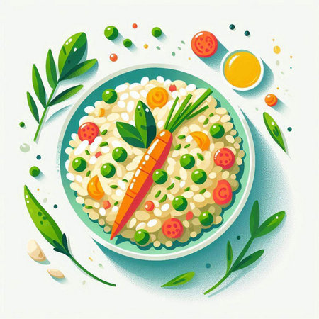 Illustration of a bowl of rice with carrots, peas and greensのイラスト素材