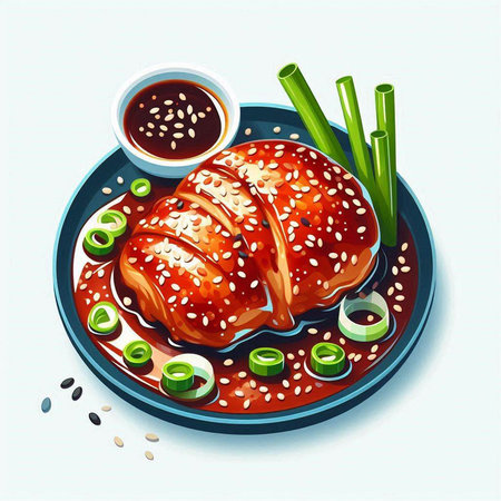 Baked chicken fillet with sesame seeds on a plate. Vector illustrationのイラスト素材