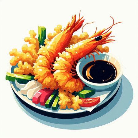 Illustration of fried shrimp with soy sauce and cucumber on plateのイラスト素材