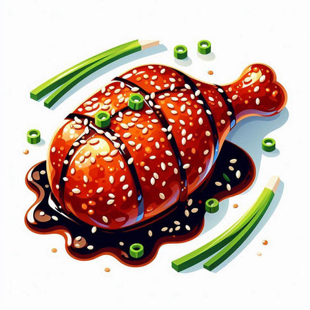 Illustration of grilled chicken leg with green onions and sesame seedsのイラスト素材