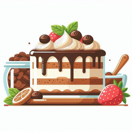 Illustration of a chocolate cake with whipped cream, strawberries and mintのイラスト素材