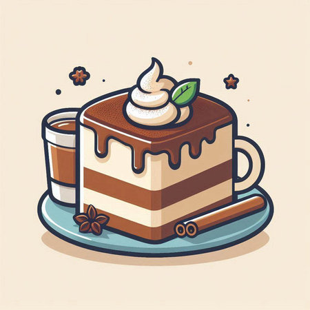 Cake with whipped cream and cinnamon. Hand drawn vector illustration.のイラスト素材